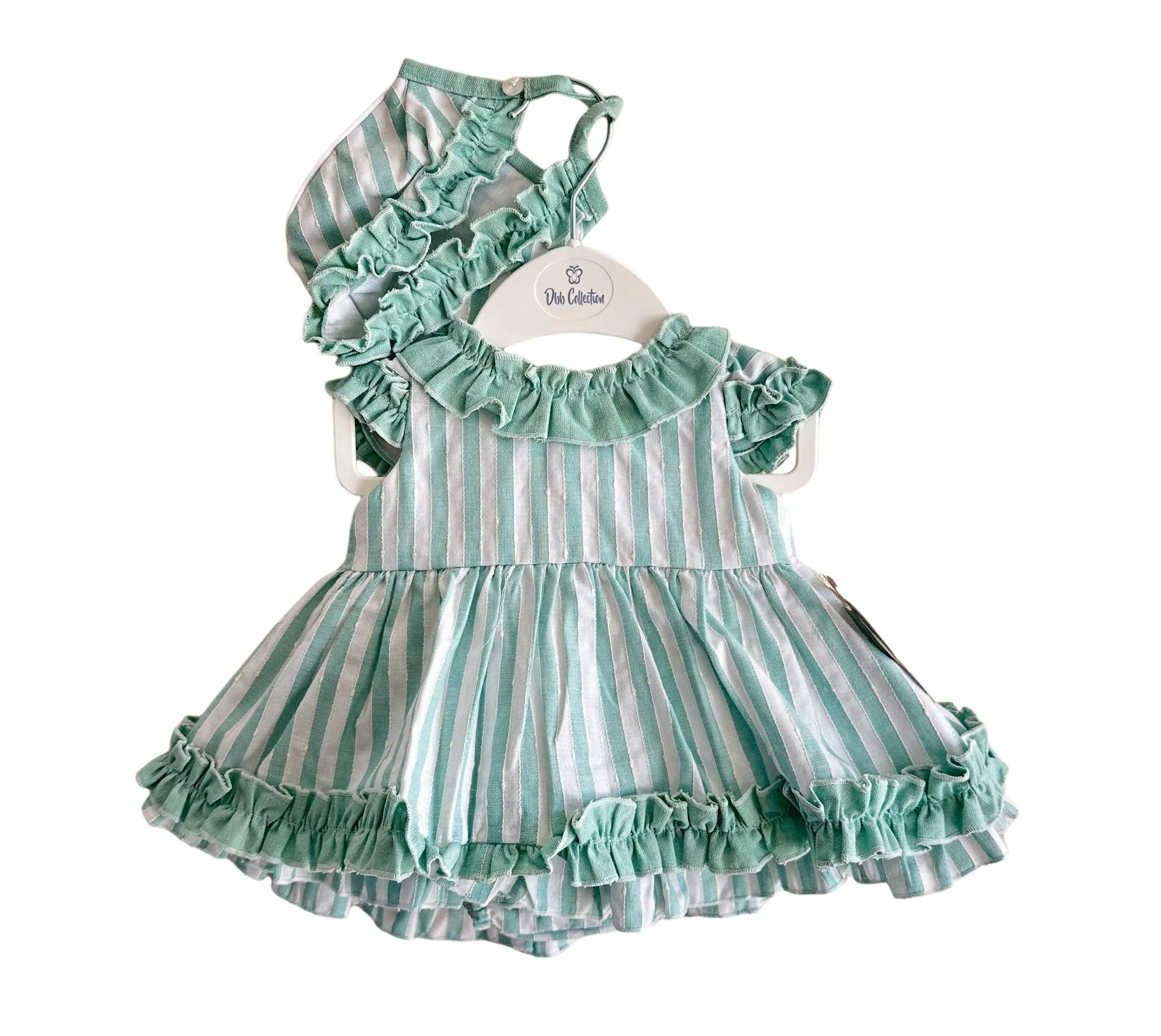 CLEARANCE SALE - DBB Collection SS24 - Baby Girls Mint Stripe Dress with Matching Knickers & Bonnet