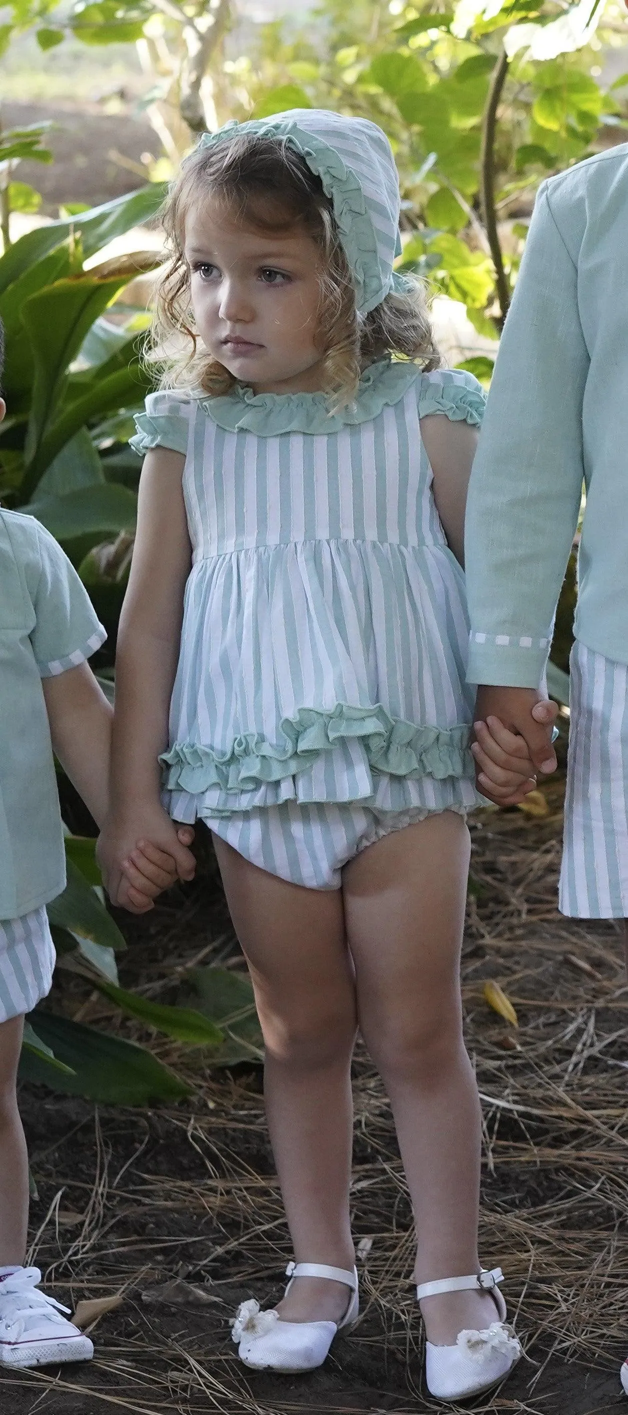 CLEARANCE SALE - DBB Collection SS24 - Baby Girls Mint Stripe Dress with Matching Knickers & Bonnet