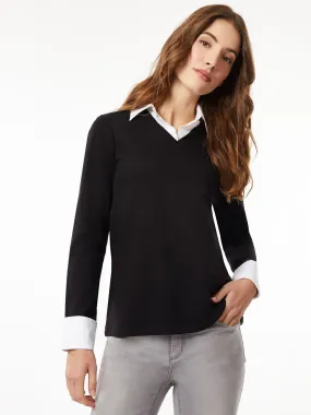 Collared Shirt V-Neck Sweater Combo Top