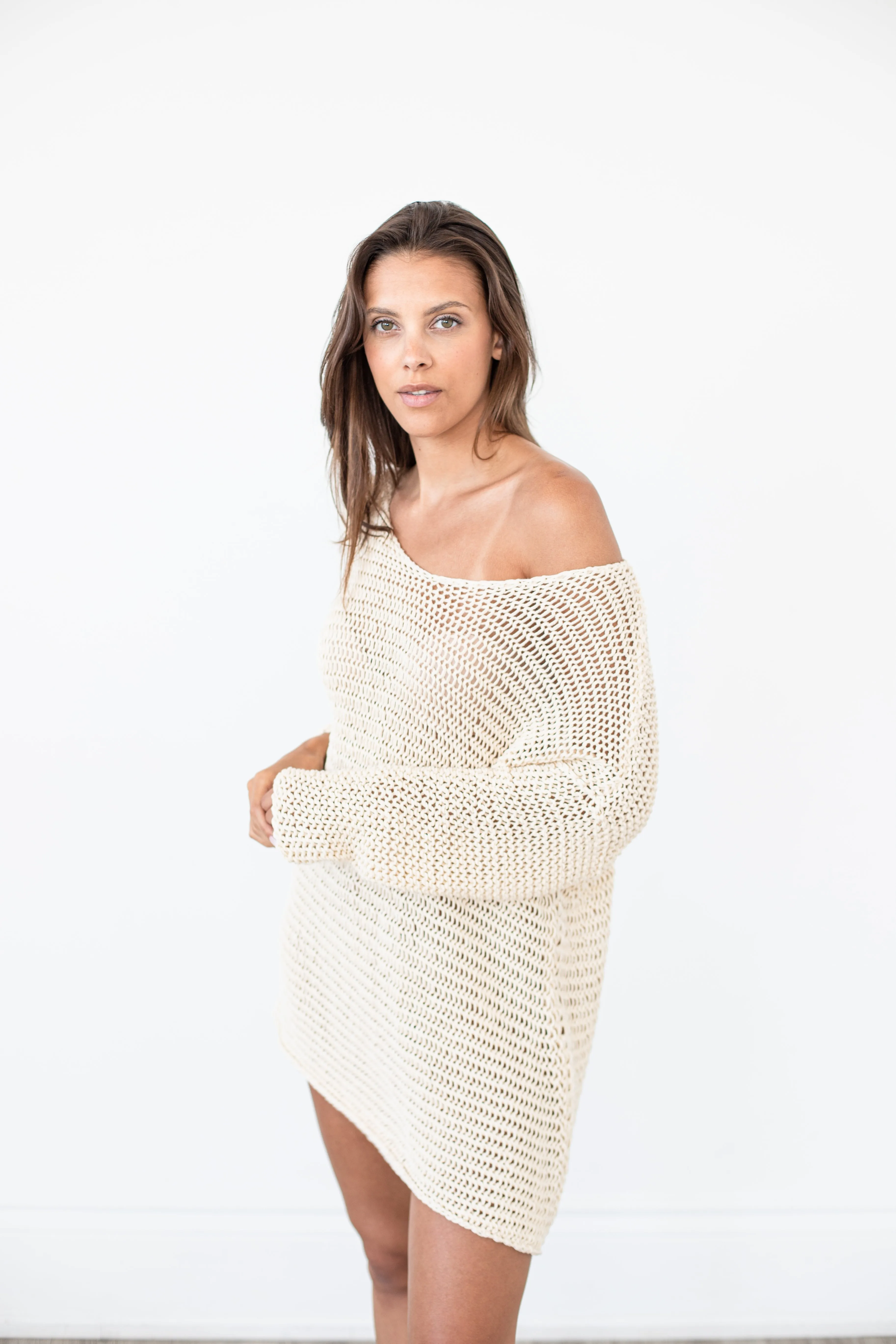 Cream Cotton oversized sweater dress.