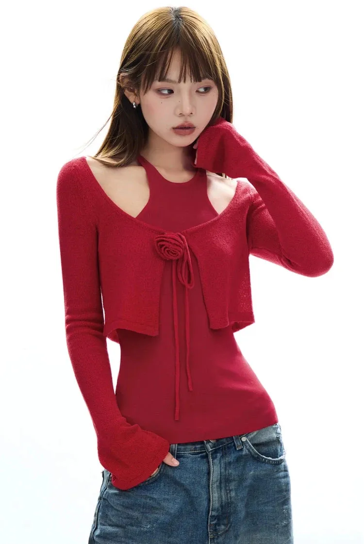 Cropped Knit Layered Sweater with Rose Tie Detail