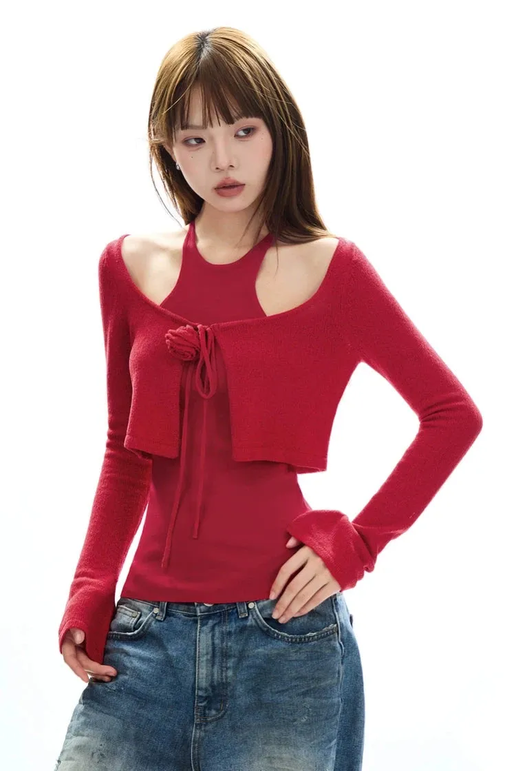 Cropped Knit Layered Sweater with Rose Tie Detail