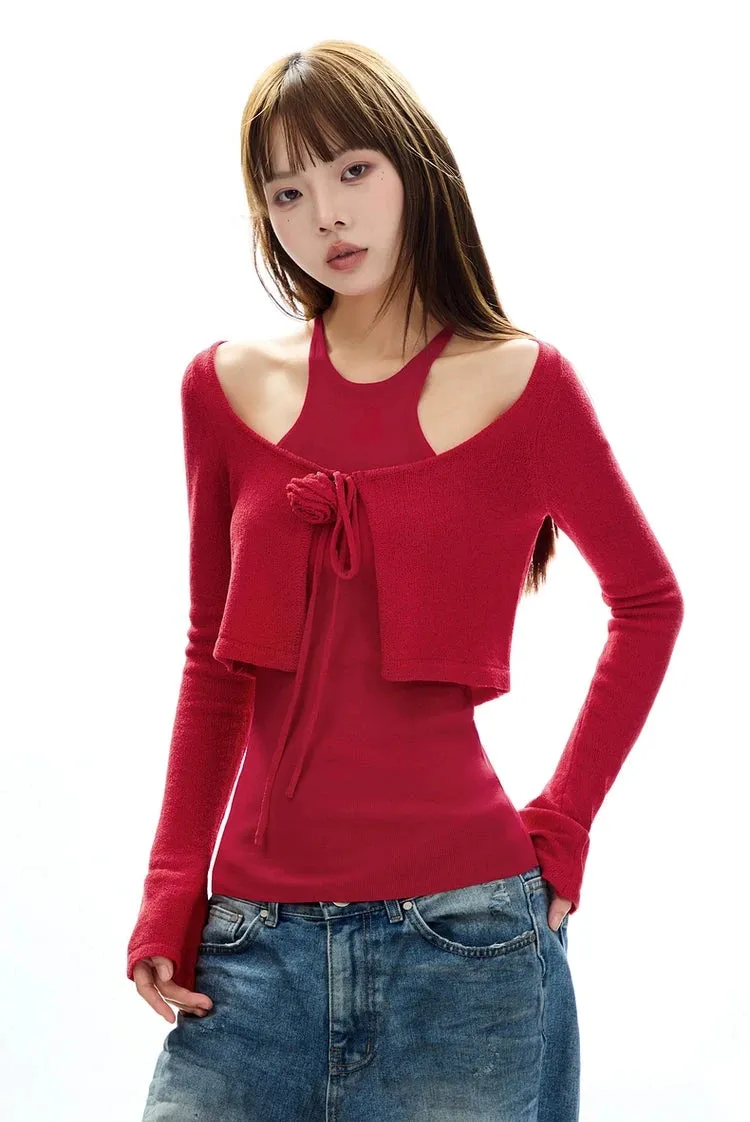 Cropped Knit Layered Sweater with Rose Tie Detail