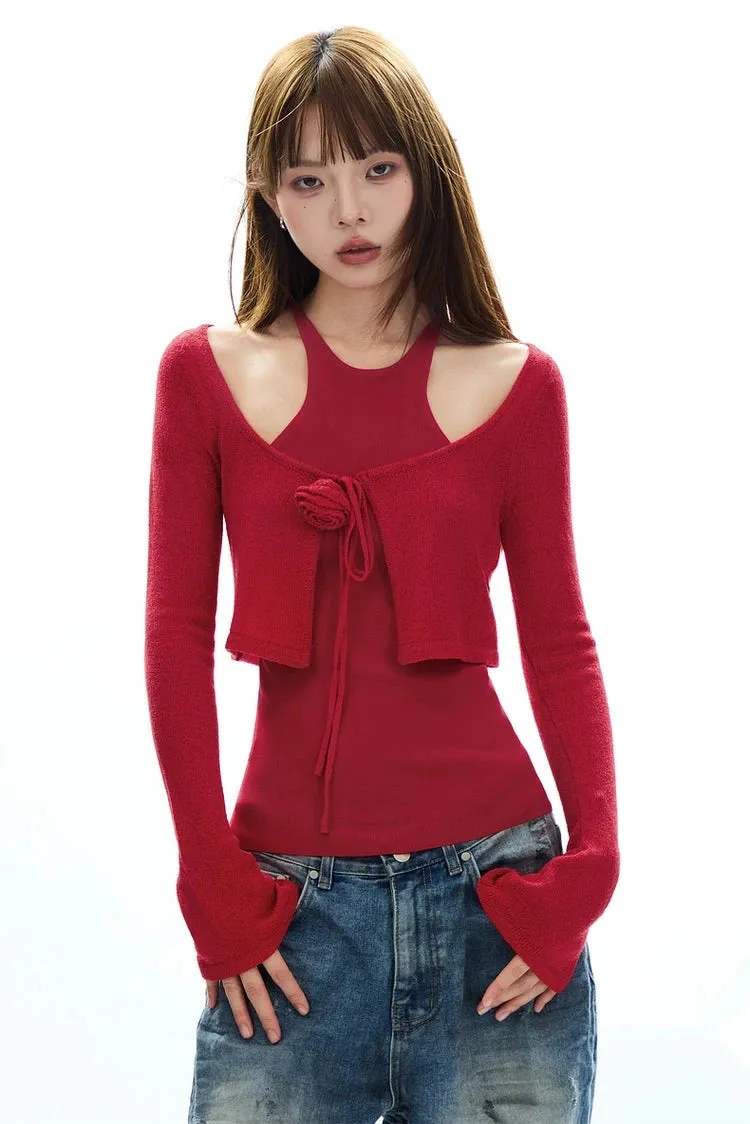 Cropped Knit Layered Sweater with Rose Tie Detail