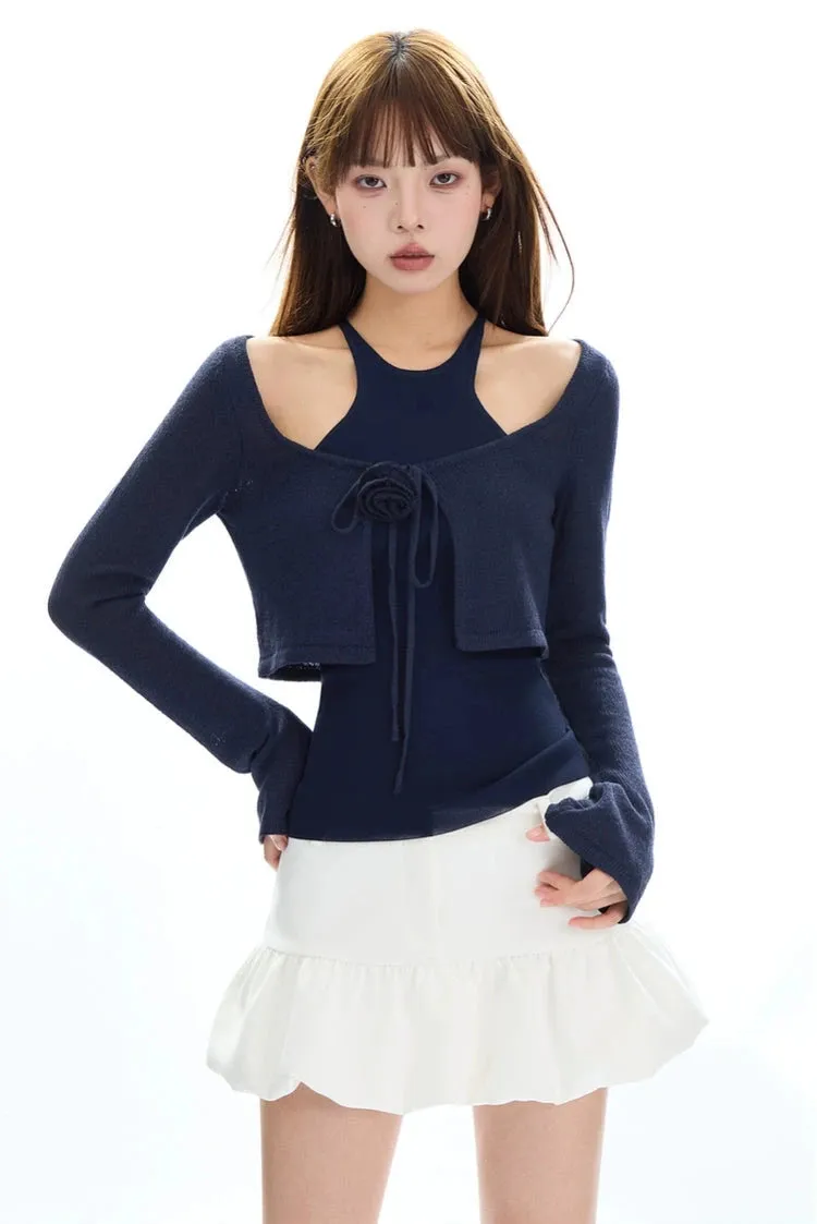 Cropped Knit Layered Sweater with Rose Tie Detail