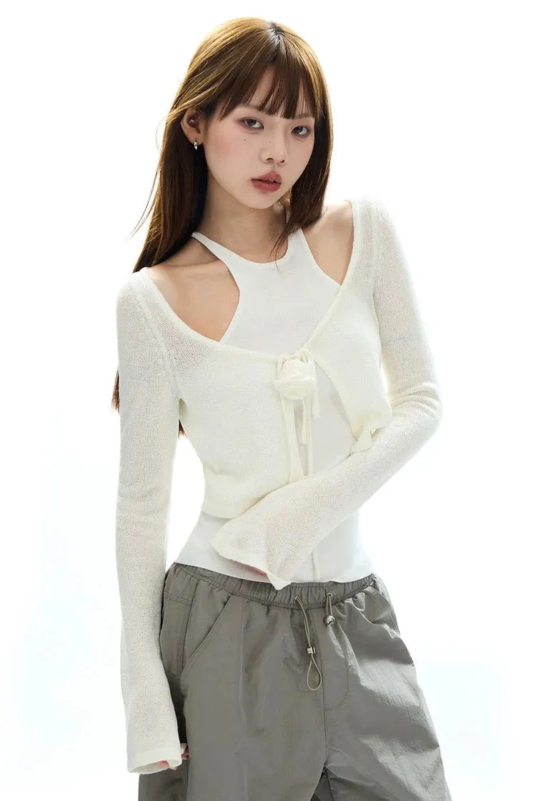 Cropped Knit Layered Sweater with Rose Tie Detail