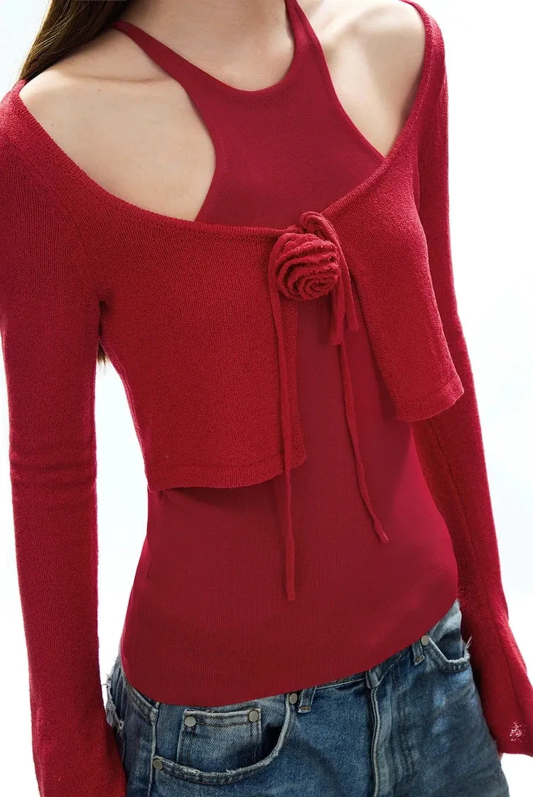 Cropped Knit Layered Sweater with Rose Tie Detail