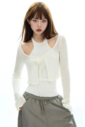 Cropped Knit Layered Sweater with Rose Tie Detail