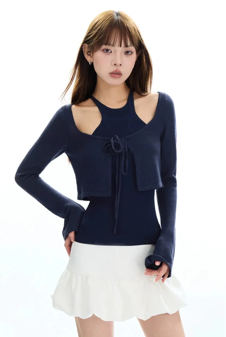 Cropped Knit Layered Sweater with Rose Tie Detail