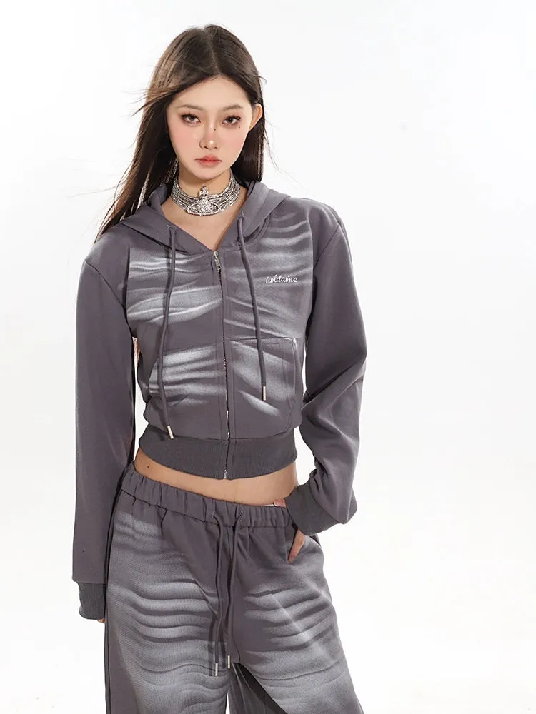 Cropped Zip-Up Wrinkle-Print Hoodie and Jogger Pants Sweatsuit Set