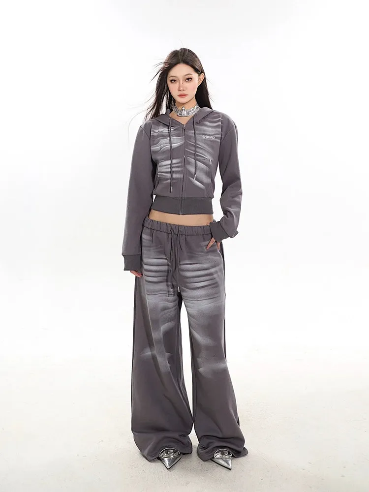 Cropped Zip-Up Wrinkle-Print Hoodie and Jogger Pants Sweatsuit Set