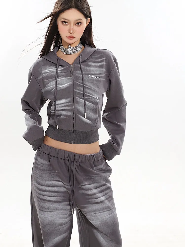 Cropped Zip-Up Wrinkle-Print Hoodie and Jogger Pants Sweatsuit Set