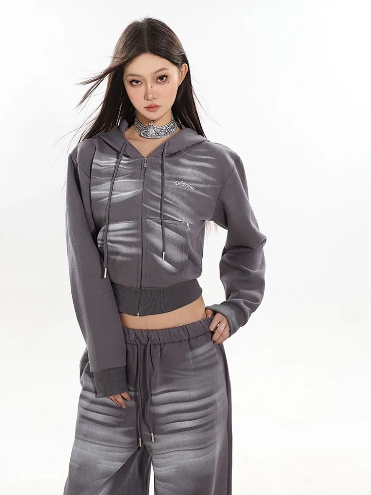 Cropped Zip-Up Wrinkle-Print Hoodie and Jogger Pants Sweatsuit Set