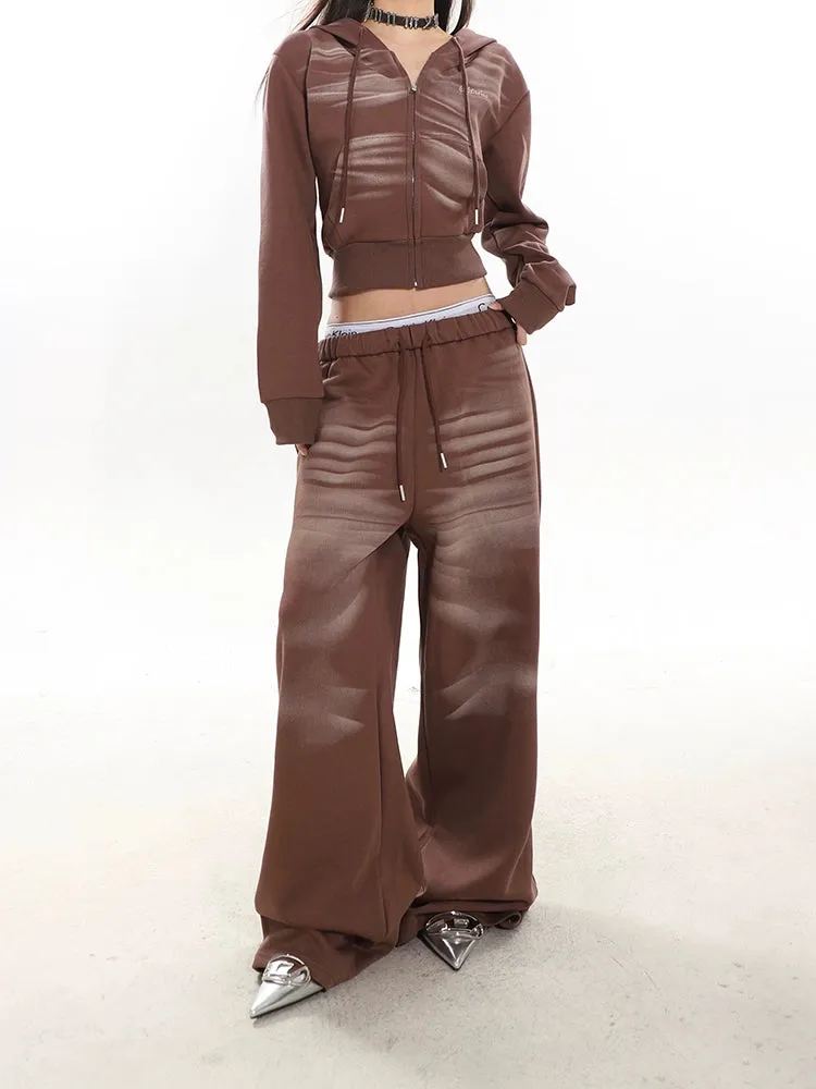 Cropped Zip-Up Wrinkle-Print Hoodie and Jogger Pants Sweatsuit Set