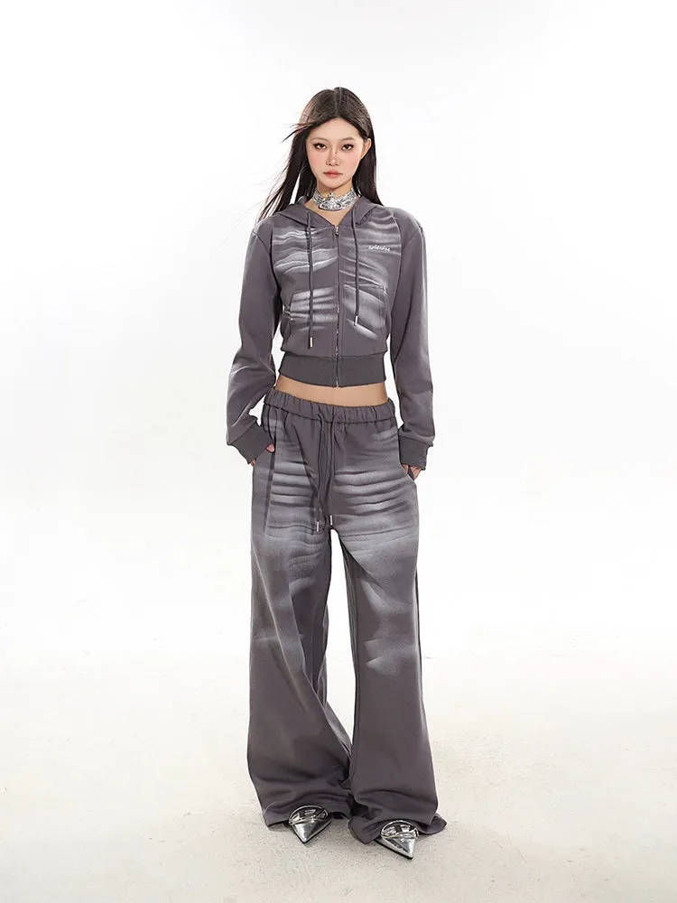 Cropped Zip-Up Wrinkle-Print Hoodie and Jogger Pants Sweatsuit Set