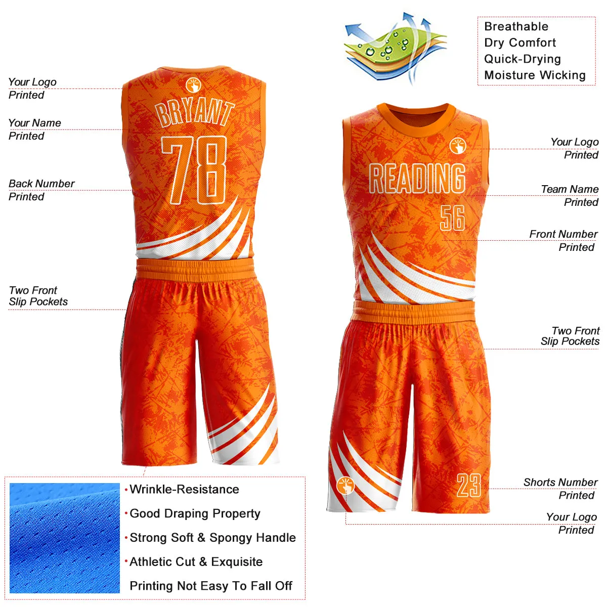 Custom Bay Orange White Wind Shapes Round Neck Sublimation Basketball Suit Jersey