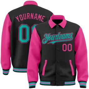 Custom Black Aqua-Pink Bomber Full-Snap Varsity Letterman Two Tone Lapel Collar Byron Jacket