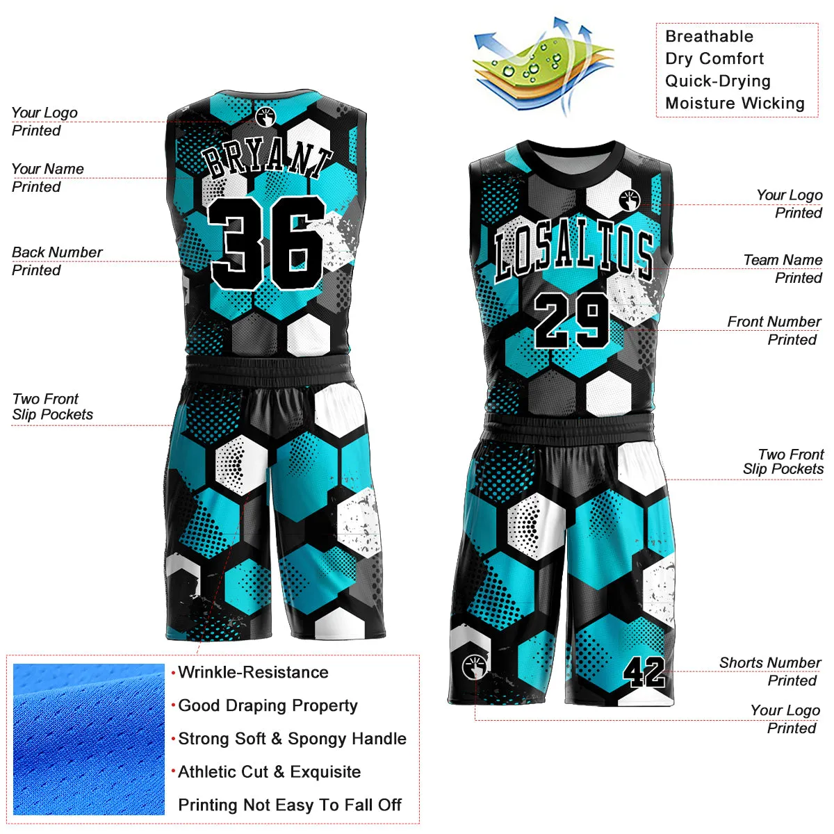 Custom Black Aqua-White Round Neck Sublimation Basketball Suit Jersey