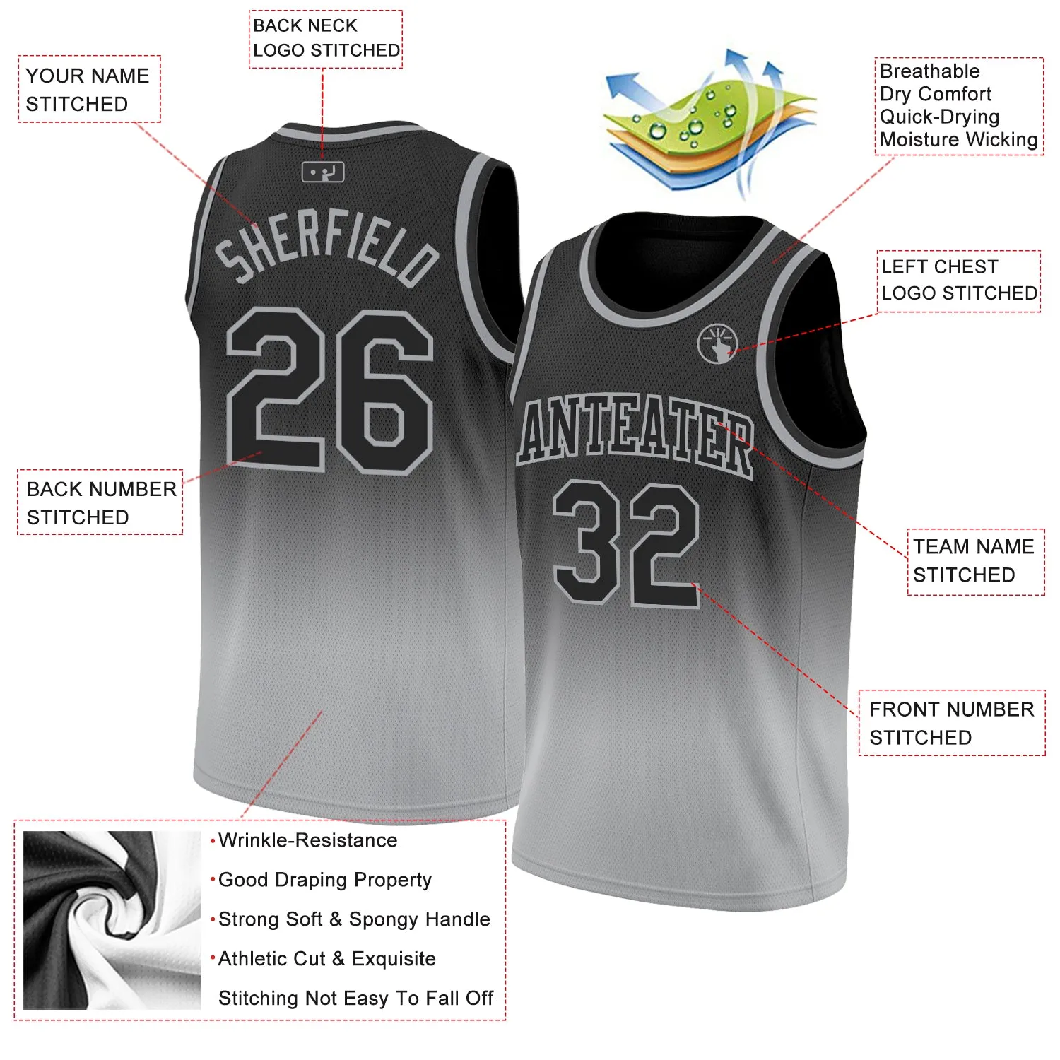 Custom Black Black-Gray Authentic Fade Fashion Basketball Jersey