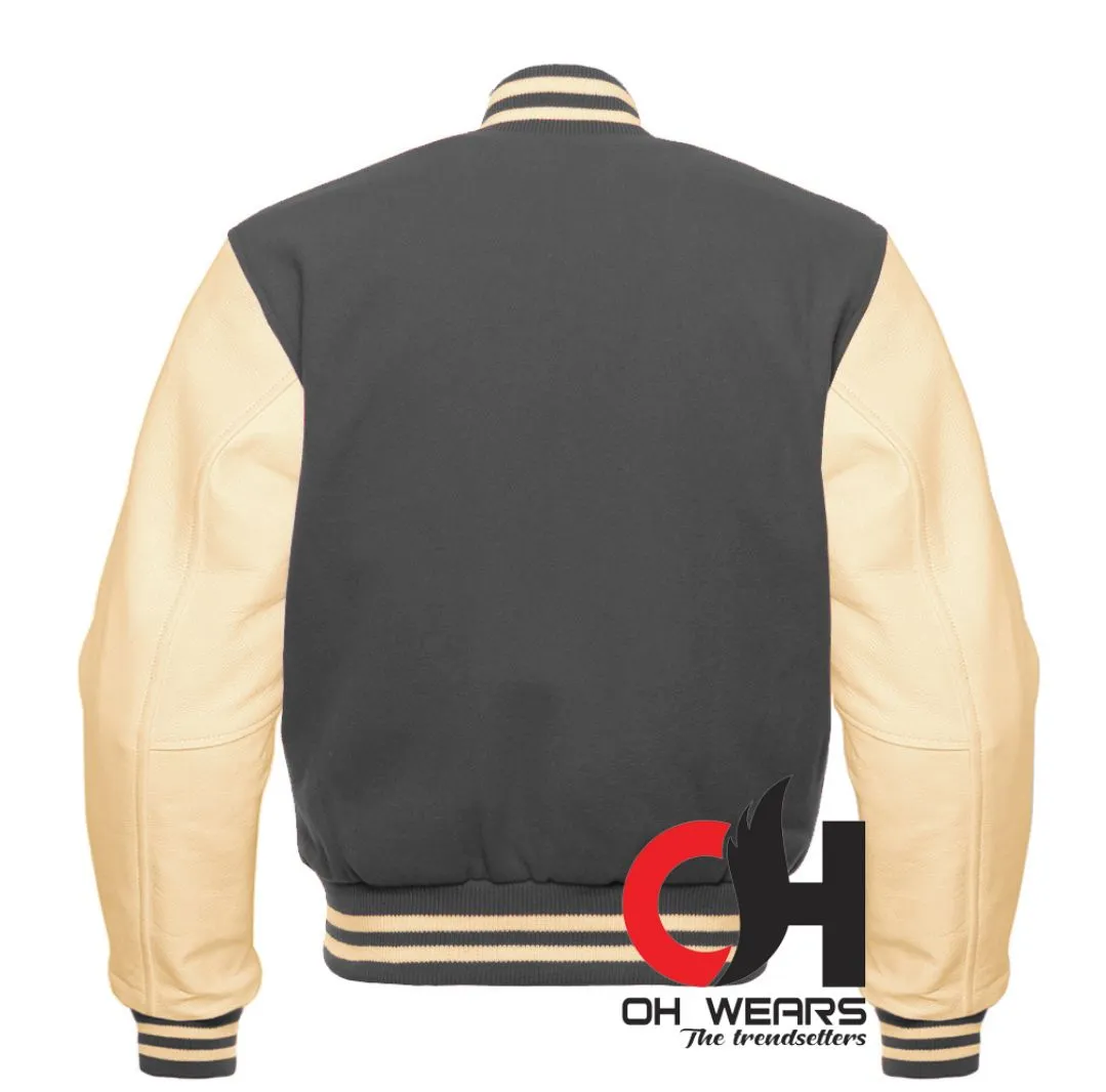 Custom Varsity Bomber Jacket in Dark Gray Wool and Genuine Cream Leather Sleeves, Custom Men’s, Kids Bomber Jacket