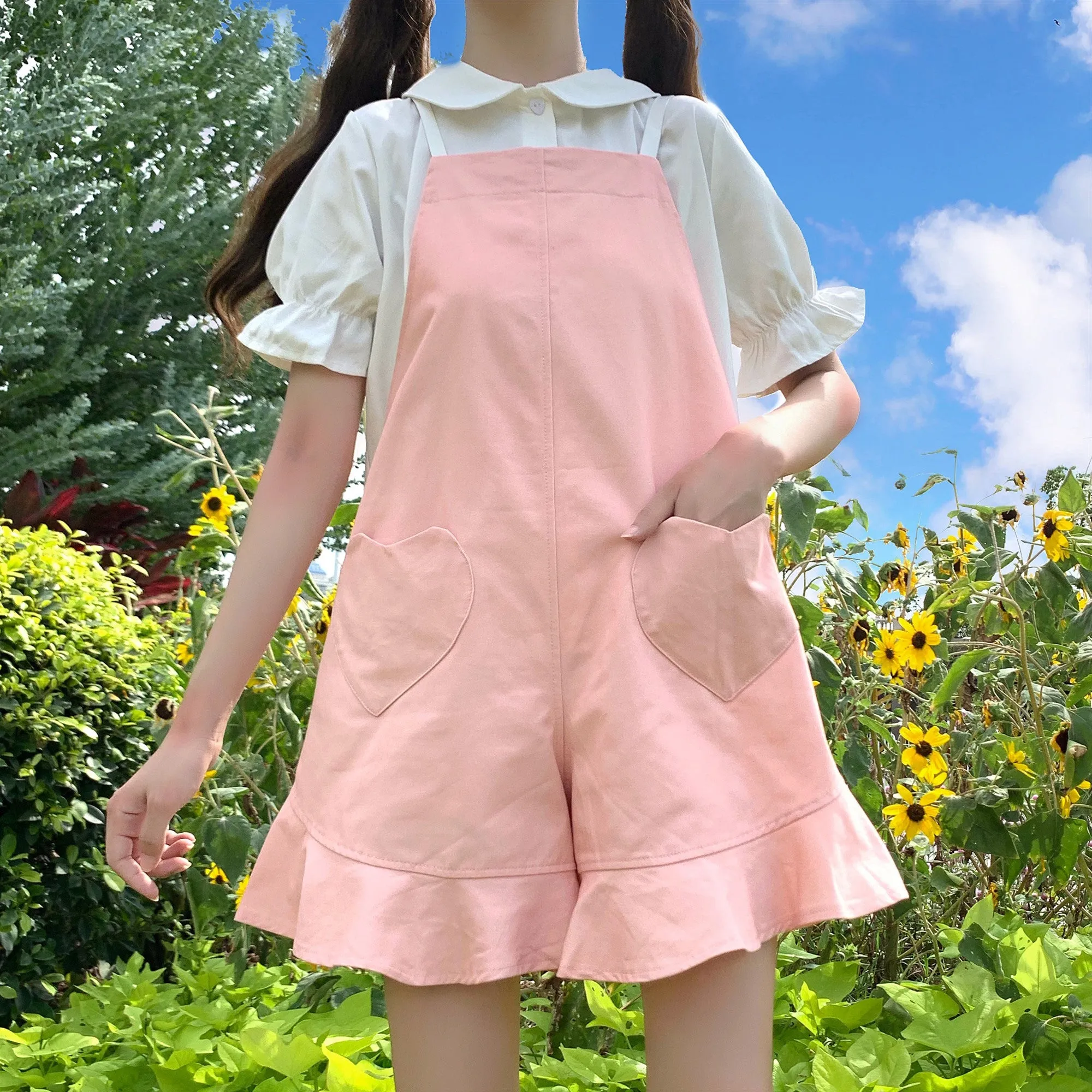 Cute girly white shirt   pink overalls  PL51418