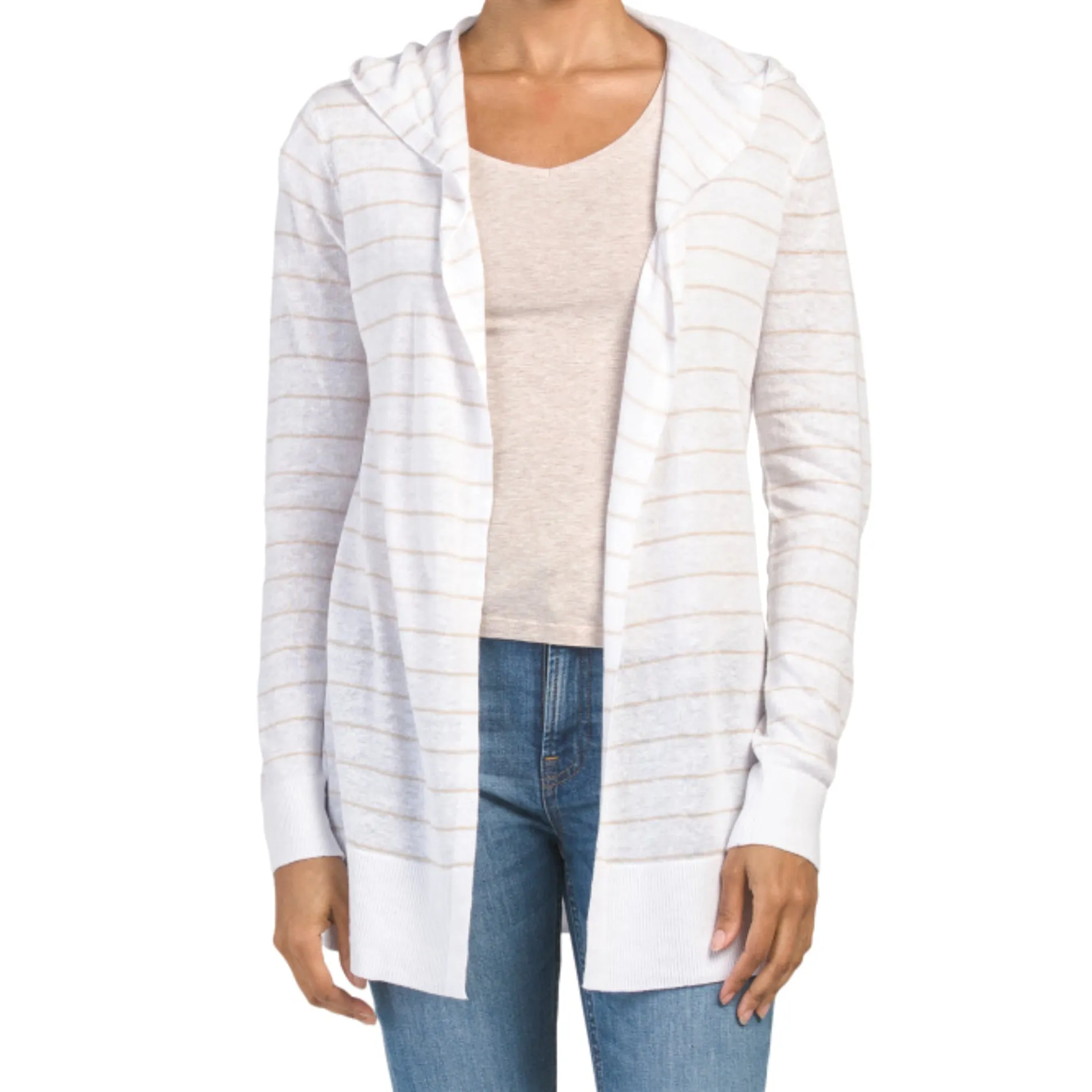 Cynthia Rowley Lightweight Lineen Blend Striped Hooded Cardigan