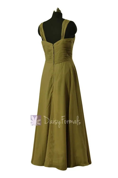 Dark Olive Long Sweetheart Bridesmaid Dress Chiffon Formal Dress(BM313)