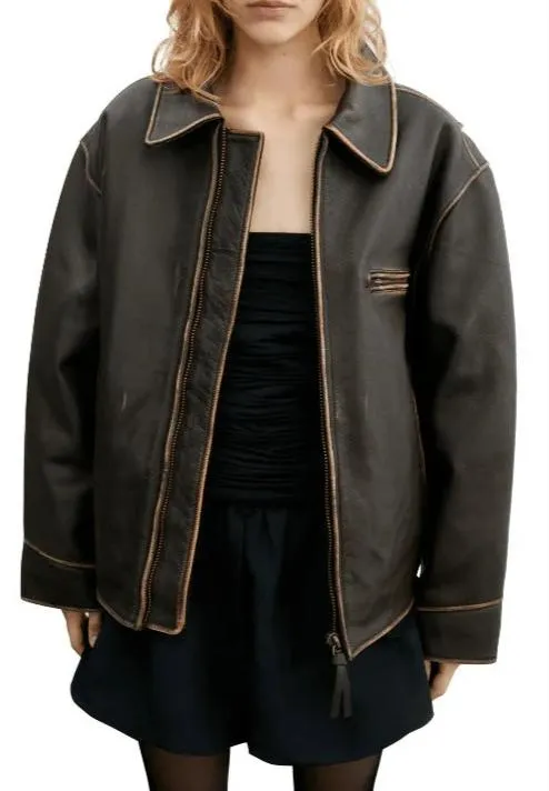 Distressed Vintage Leather Jacket for Women in Dark Brown