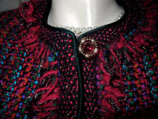 *ELEGANT VINTAGE '80S CHRISTIAN RUPERTO SCARLET & MULTI JACKET WITH FRINGE & JEWEL BUTTONS