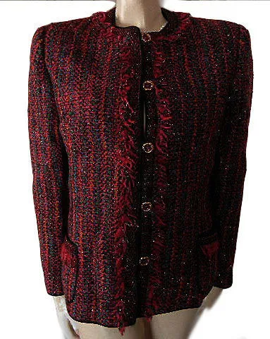 *ELEGANT VINTAGE '80S CHRISTIAN RUPERTO SCARLET & MULTI JACKET WITH FRINGE & JEWEL BUTTONS