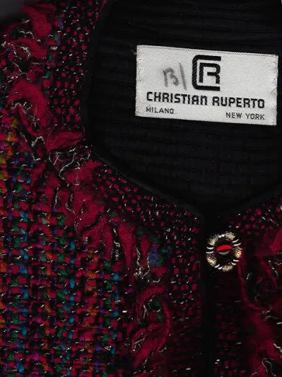 *ELEGANT VINTAGE '80S CHRISTIAN RUPERTO SCARLET & MULTI JACKET WITH FRINGE & JEWEL BUTTONS