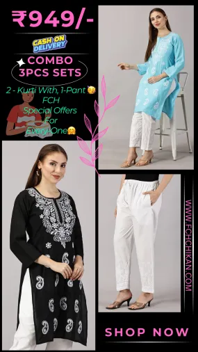 Embroidered Cotton Wear: 2 Kurtis   Pants Set | Women’s Cotton Kurti Set: Embroidery & Comfort Combo | Chic Cotton Sets Combo: Embroidered Kurtis and Pants | Stylish Cotton Kurti Set with Pants - 2 Piece Combo