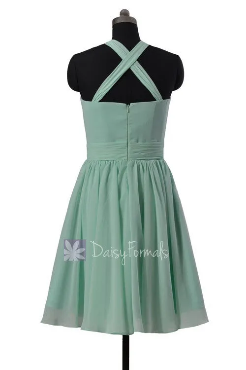 Fashion Knee Length Mint Chiffon Bridesmaid Dress Pleated Mint Formal Dress(BM5195ALB)