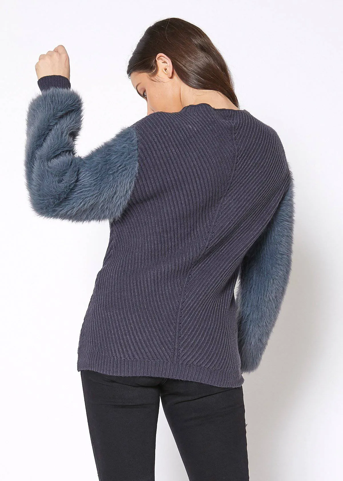 Faux Fur Sleeve Boat Neck Sweater in Slate Blue