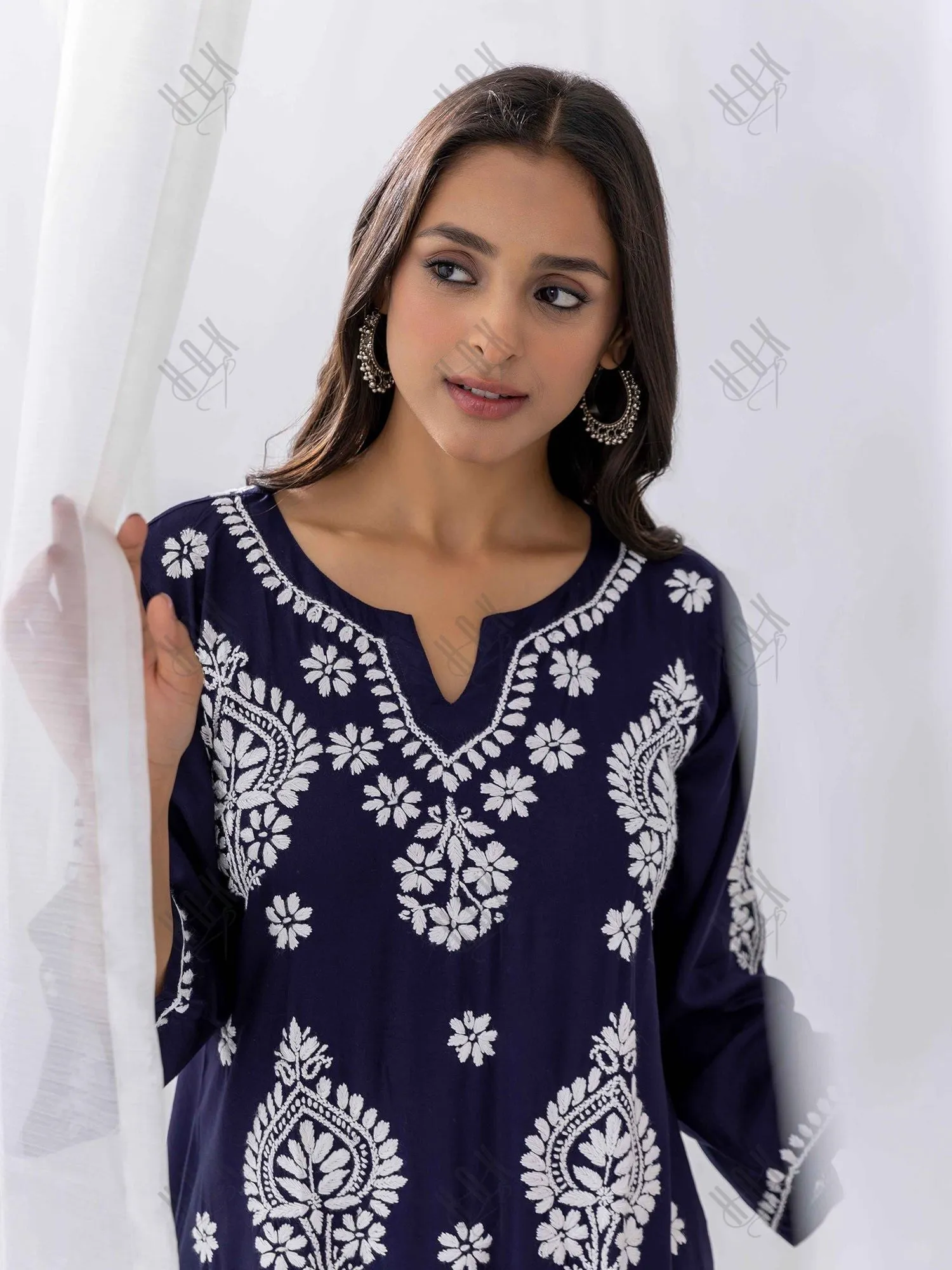 Fizaa Chikankari Kurta in Rayon Cotton Notch Neck Navy blue