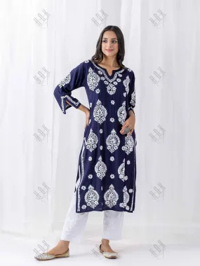 Fizaa Chikankari Kurta in Rayon Cotton Notch Neck Navy blue