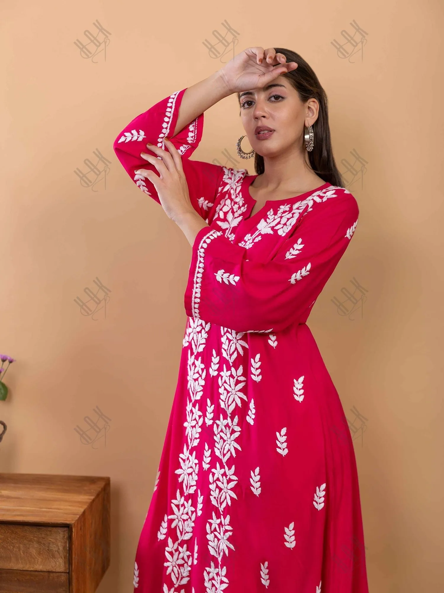 Fizaa Chikankari Kurta in Rayon Cotton Round Neck Magenta Pink