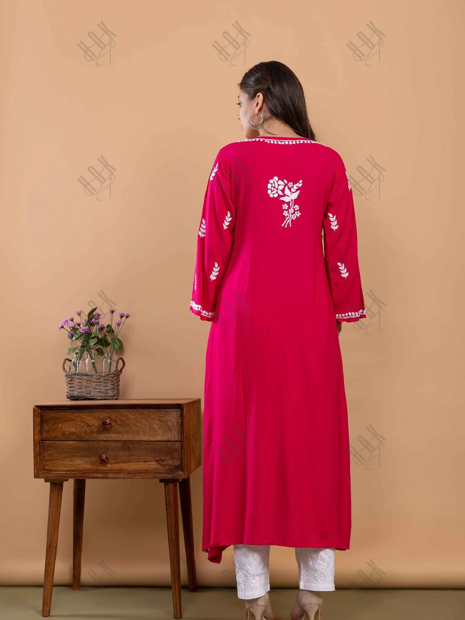 Fizaa Chikankari Kurta in Rayon Cotton Round Neck Magenta Pink