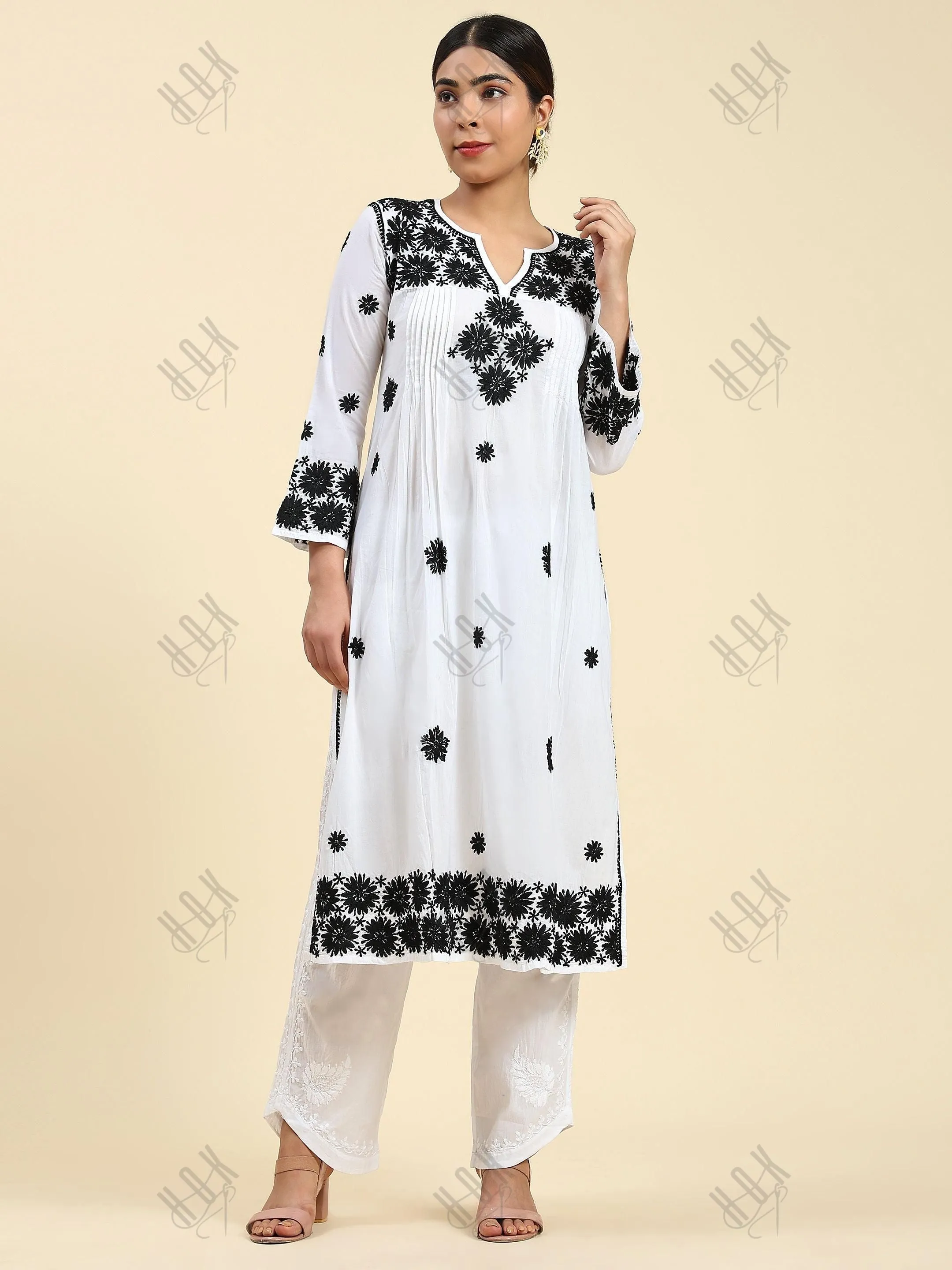 Fizaa Chikankari Long Kurta in Rayon Cotton for Women- White With Black