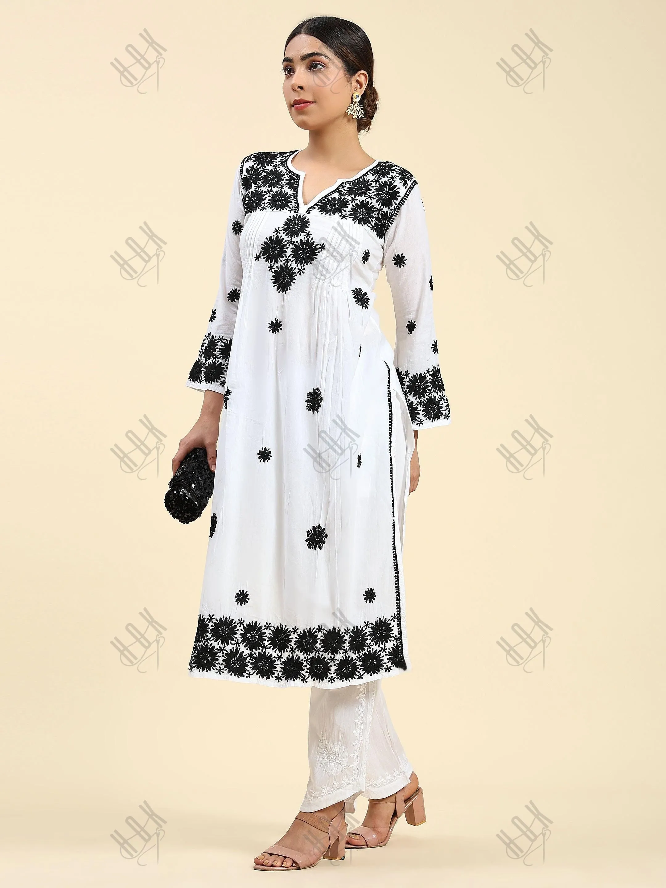 Fizaa Chikankari Long Kurta in Rayon Cotton for Women- White With Black