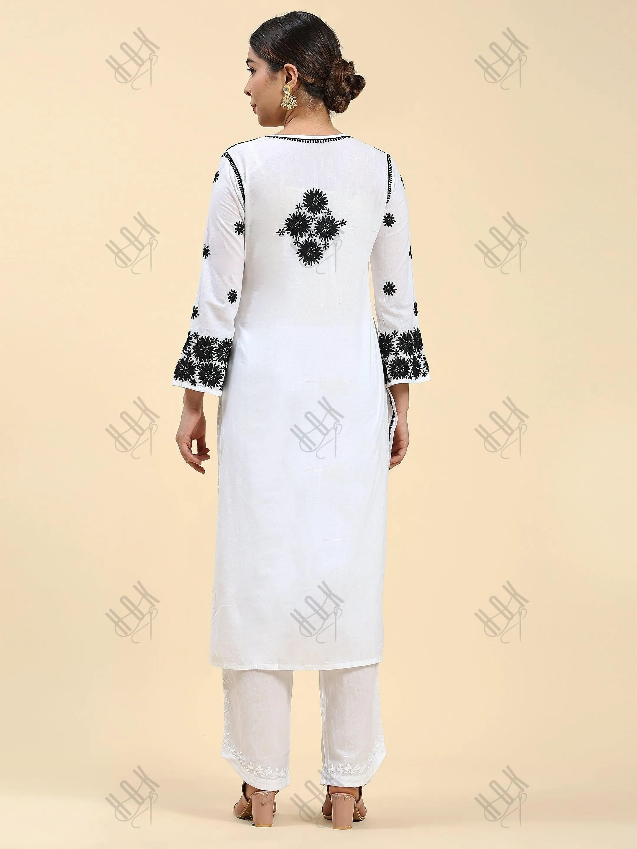 Fizaa Chikankari Long Kurta in Rayon Cotton for Women- White With Black