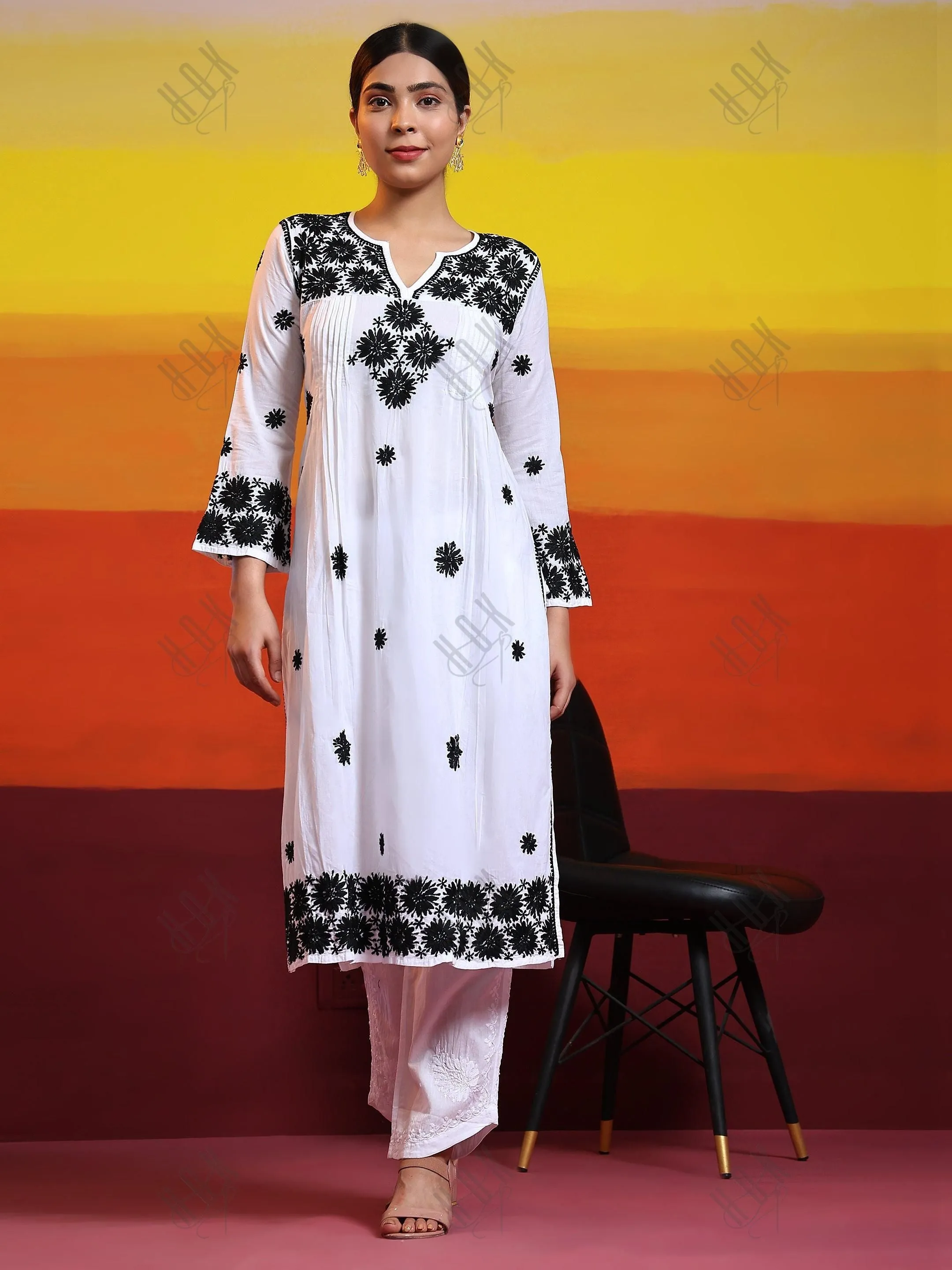 Fizaa Chikankari Long Kurta in Rayon Cotton for Women- White With Black