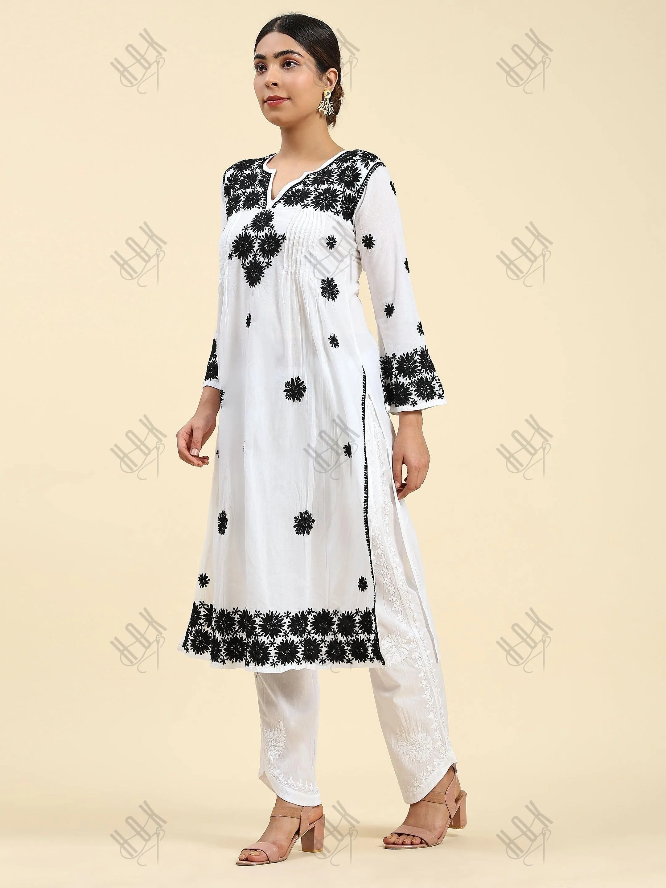 Fizaa Chikankari Long Kurta in Rayon Cotton for Women- White With Black