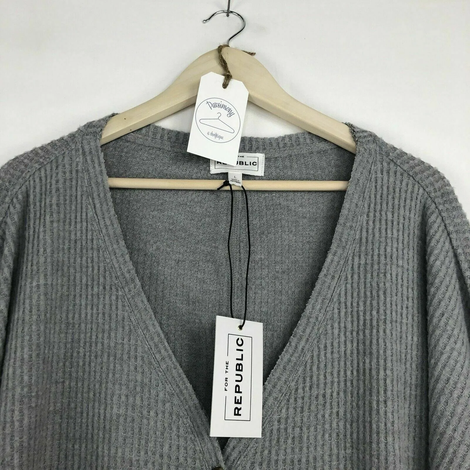 For The Republic Womens Size L Heather Gray Cardigan Sweater Waffle Weave