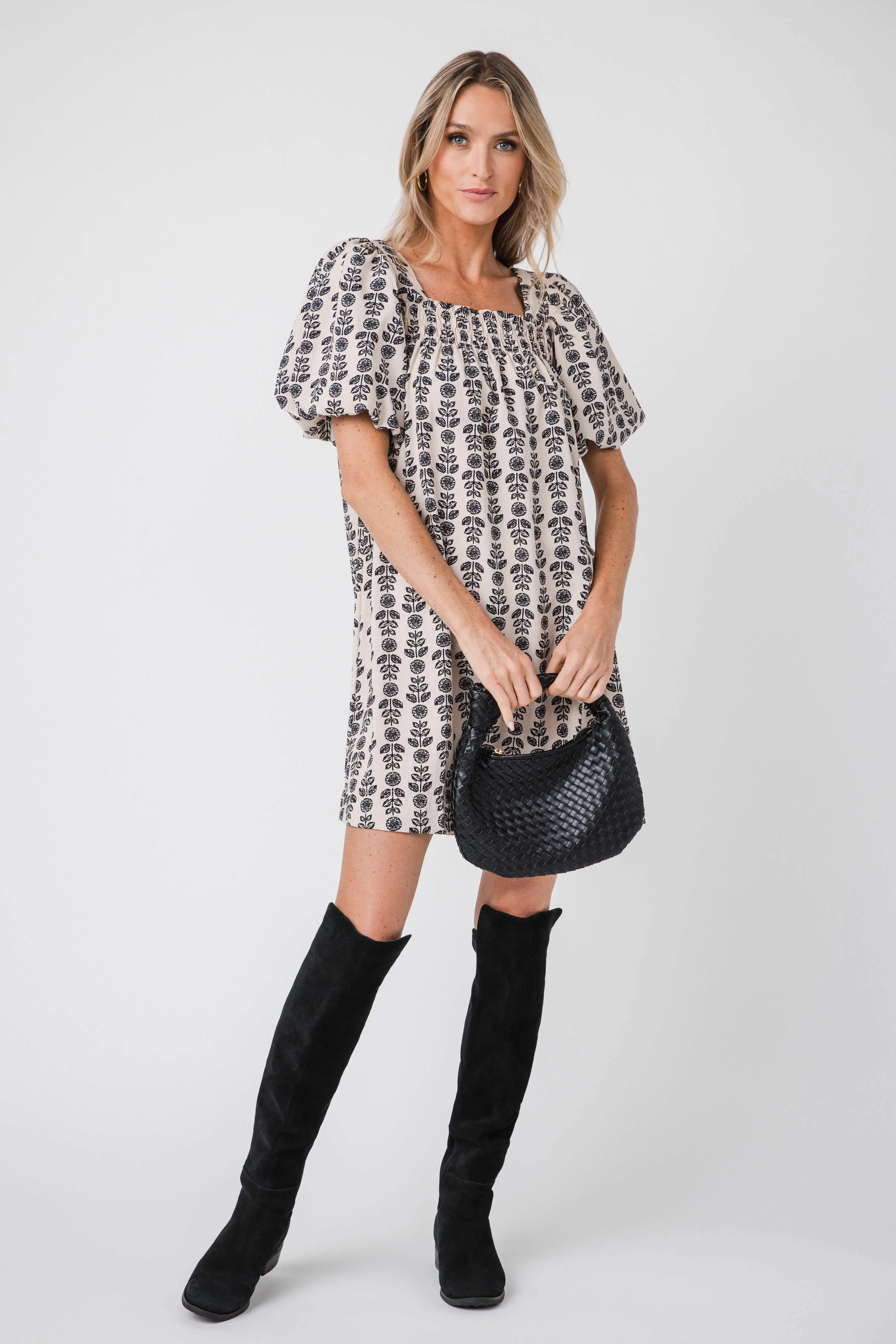 Gigio Printed Smocked Square Neck Dress