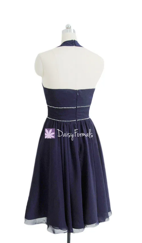 Gorgeous Navy Halter Bridesmaid Dress V neckline Navy Blue Party Dress Prom Dress (BM906)