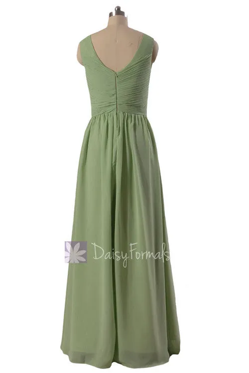 Graceful V-Neck Chiffon Bridesmaid Dress Long Green Bridal Pary Dress(BM5196L)