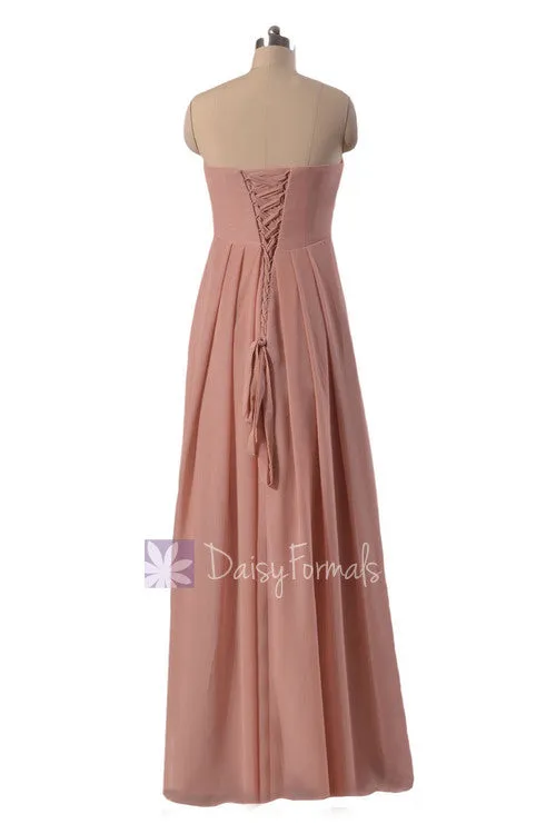 Gracious Long Dustry Rose Chiffon Beach Party Dress Strapless Quartz Bridesmaid Dress(BM4046)