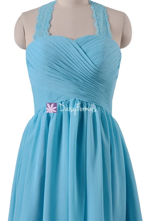 Gracious Sea Blue Party Dress Knee Length Bridesmaids Dress w/Lace Straps (BM2399)