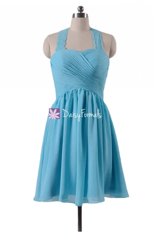 Gracious Sea Blue Party Dress Knee Length Bridesmaids Dress w/Lace Straps (BM2399)